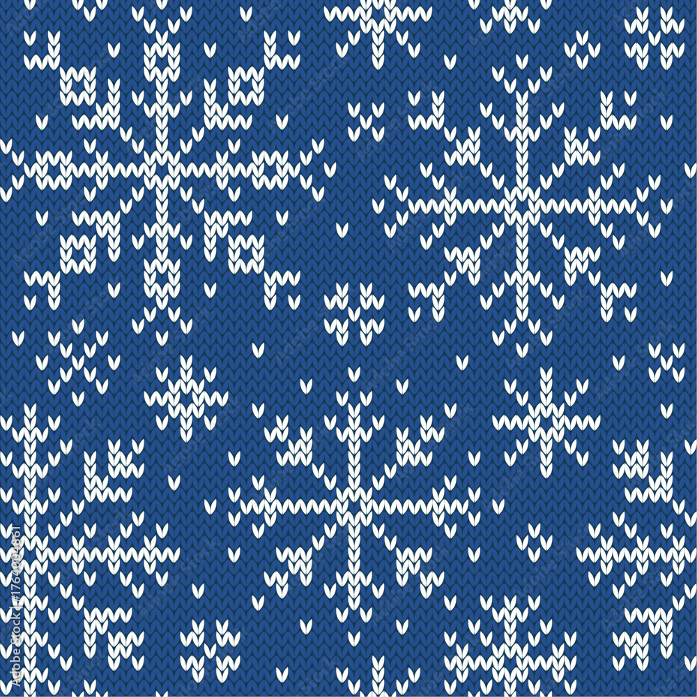 Fototapeta premium Snowflakes jacquard seamless pattern. Blue and white knitted background. Northern winter style. Vector illustration.