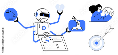 Robot multitasking by holding justice scale, heart, documents, robotic arm. Woman analyzing watch, target with dart arrow. Ideal for AI ethics, productivity, automation analysis decision-making