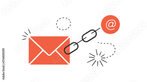 Digital communication concept showing an email icon connected to an at symbol via a chain link