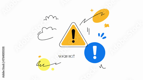 Alert and warning icons with playful doodles signifying caution and attention needed in a digital or informational context