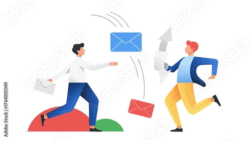Two businessmen running and exchanging documents and digital information symbolizing fast communication and collaboration