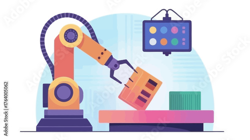 Automated robotic arm assembling components on a factory production line with digital interface