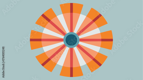 A radially symmetrical chart influenced by spins and rotations where each slice represents a cate revealing growth or decline dynamically.