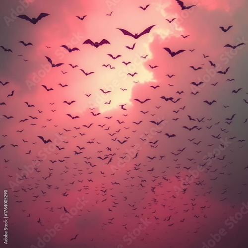 Neon Pink pink vampire bats moody cloudy sky, spooky halloween background