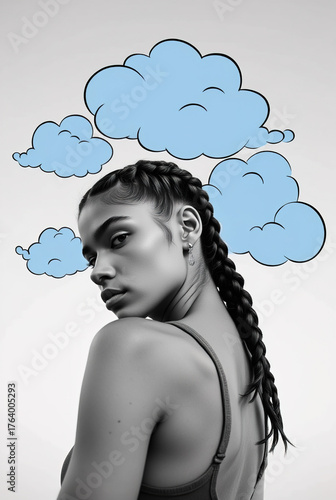 Woman with braids daydreaming under blue pop art clouds