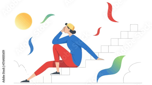 A person in blue and red clothing sits on abstract steps contemplating life amidst colorful flowing shapes and a bright sun