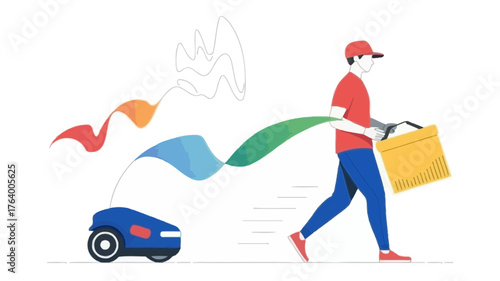 Delivery person with a yellow bag walks alongside a small autonomous robot delivering packages with colorful ribbons