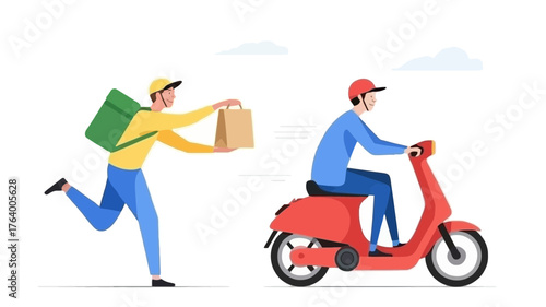 Fast delivery service illustration of a courier on a scooter and another courier running with a package