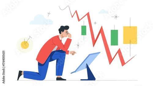 Man analyzing a falling stock market graph on a digital screen illustrating financial downturn and investment concerns