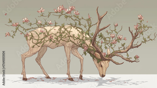 ethereal deer with vines and flowers growing from antlers