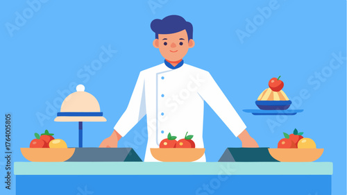 A professional food stylist arranging gourmet dishes on a table emphasizing the visual appeal before delivery.