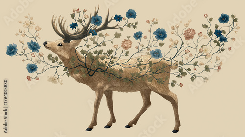 ethereal deer with vines and flowers growing from antlers