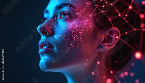 Woman profile with neon neural network overlay. Image represents tech, creativity, innovation. Colorful, futuristic design shows mind connections, self awareness, mental health. Perfect for tech,