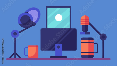 A podcast equipment setup featuring a condenser microphone pop filter and studio monitors in a cozy recording space.