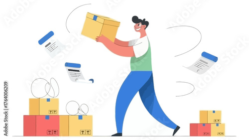 A cheerful delivery person skillfully handles packages showcasing efficient logistics and a smooth shipping process