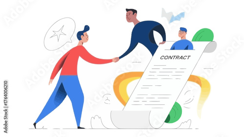 Two businessmen shaking hands over a signed contract symbolizing agreement and partnership in a modern business setting