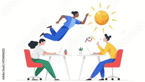 Diverse team members collaborate and innovate one person leaps towards a bright sun representing success and achievement