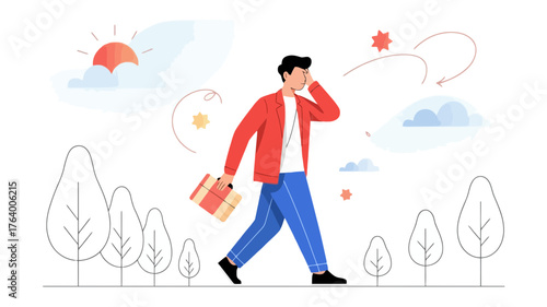 Modern illustration of a man walking outdoors while talking on his phone and carrying a bag