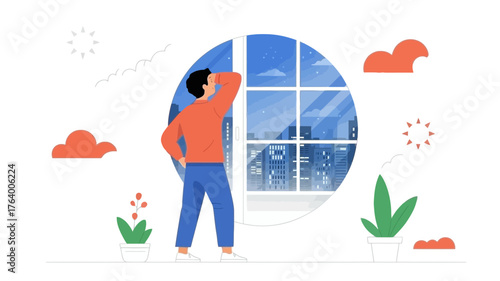 A person stands by a large oval window looking out at a snowy cityscape contemplating the winter season