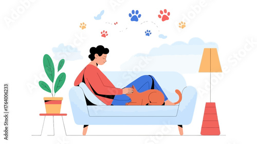 A person relaxing on a couch with their cat enjoying a peaceful moment at home with houseplants and paw prints above