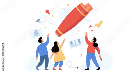 Diverse group of people joyfully reaching for a giant red cylindrical object floating in the sky