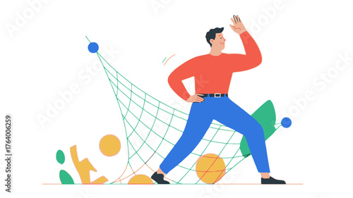 Man reaching for success while entangled in a net symbolizing overcoming challenges and achieving goals