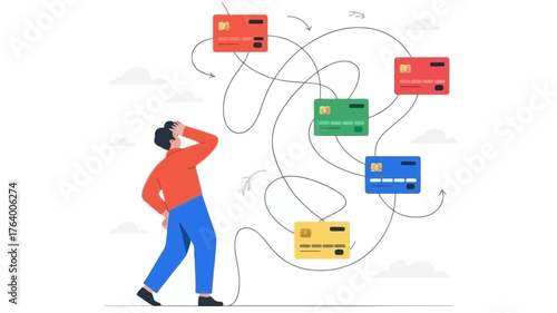 Confused person surrounded by multiple credit cards connected by tangled lines symbolizing financial decision making challenges