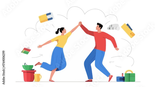 Joyful couple celebrating a successful move with high fives amidst floating boxes and moving supplies