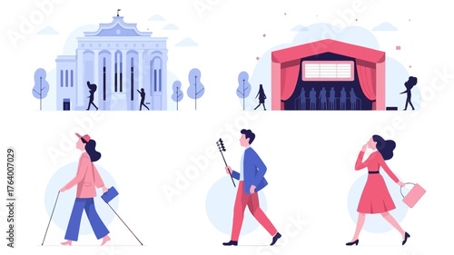 Diverse individuals engage with cultural institutions showcasing accessibility and urban life in a modern flat illustration style