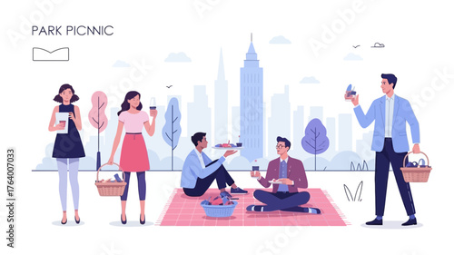 Diverse group of friends enjoying a vibrant city park picnic with skyscrapers in the background on a sunny day