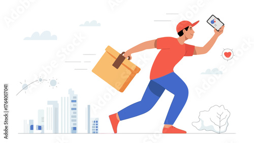Dynamic illustration of a fast delivery person running with a package and holding a digital device for efficient logistics