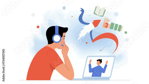 Young person wearing headphones engages in online learning dreaming of a whimsical colorful and imaginative world