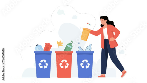 Woman diligently sorts waste into color coded recycling bins promoting environmental responsibility and sustainability practices