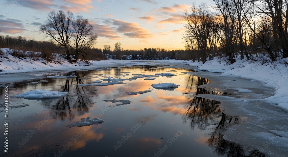 Fototapeta premium Winter river landscape with ice, snow, and sunset reflections