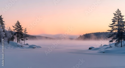 Serene winter landscape with mist over frozen lake at sunrise  