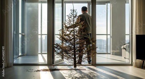 Man carrying dried Christmas tree outdoors through glass door  