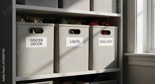 Storage boxes labeled for winter decor, lights, and garlands indoors. After Holiday Season