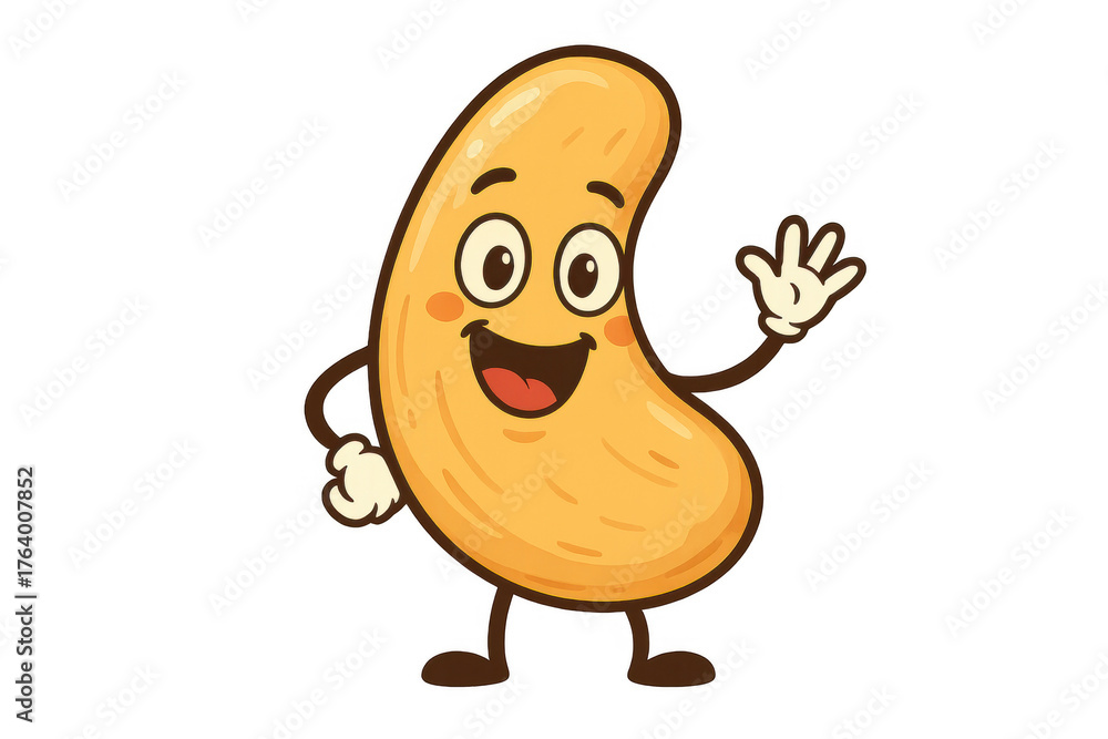 Fototapeta premium Cashew nut cartoon character waving hand, presenting, showing, greeting, happy mascot illustration on transparent background