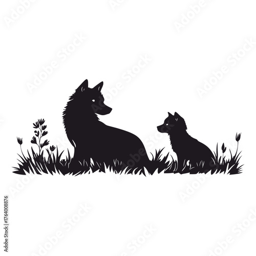 Wild wolf and 2 cubs silhouette illustration black vector