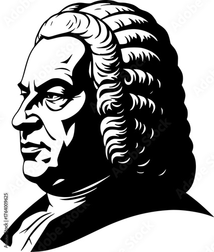 Bach silhouette. This image shows a silhouette profile of Johann Sebastian Bach, a famous classical composer, depicted in black and white. Vector clipart illustration design.