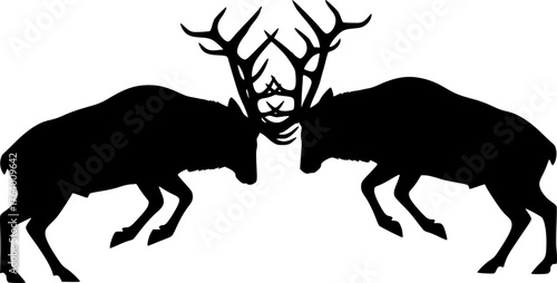 Bull elk fighting silhouette. This image shows two bull elks with large antlers locked in a fight, depicted in a black silhouette style. Vector clipart illustration design.