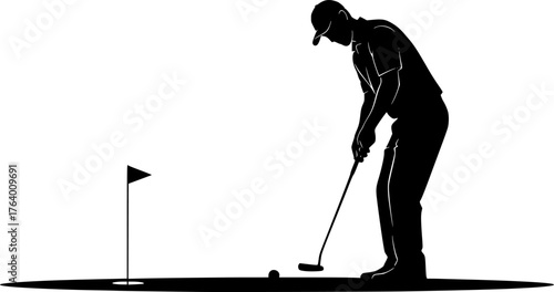 Golfer putting silhouette. This image shows a golfer in a putting stance, depicted as a black silhouette, focusing on the action of putting the golf ball. Vector clipart illustration design.