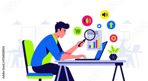 Analyst Conducting Ad Campaign Analysis Using Laptop and Magnifying Glass For Optimization