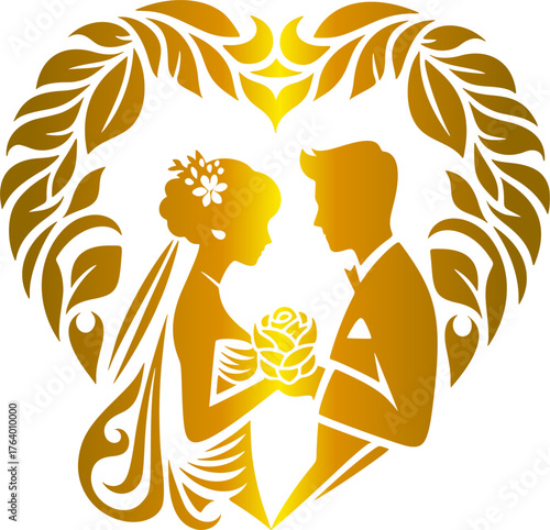 Vector silhouette of a wedding, man and woman with a heart-shaped floral frame, gold texture