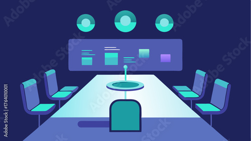A streamlined boardroom containing a dynamic holographic agenda that updates in real time as topics are covered keeping the meeting on track.