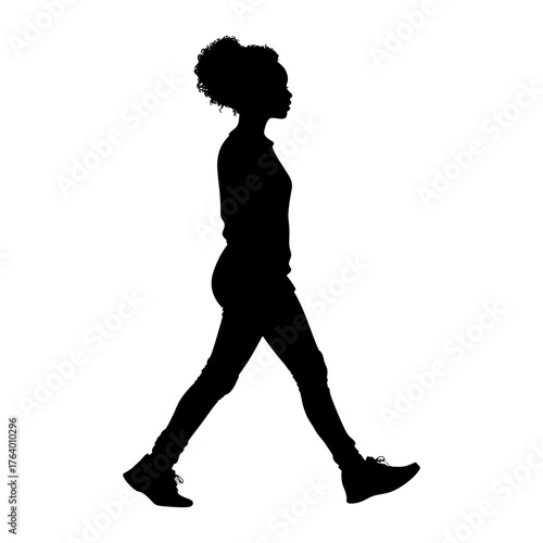 Teenager African American woman walking side view silhouette white art vector