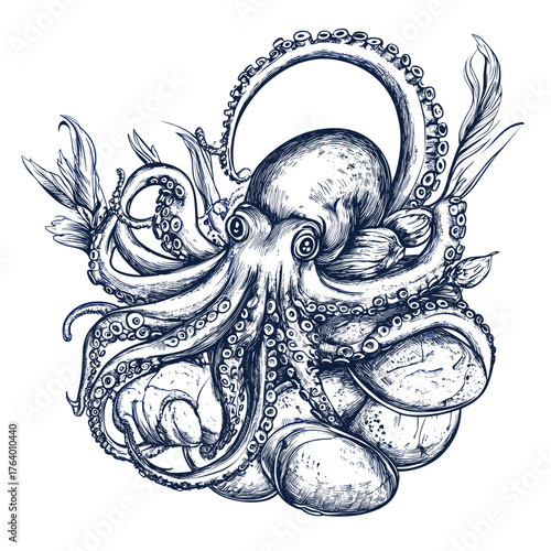 Seafood animal with octopus drawing illustration sketch vector