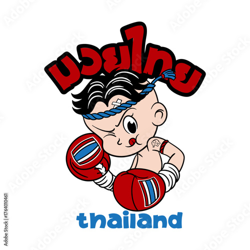 Playful cartoon of a young Muay Thai boxer wearing red gloves with Thai flag details, headband, and confident pose. Fun and patriotic Thailand illustration for sports and culture designs.

