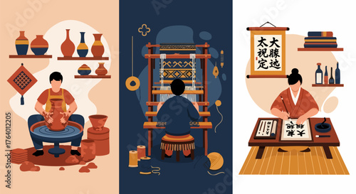 Artisans creating traditional crafts pottery weaving and calligraphy in their studios