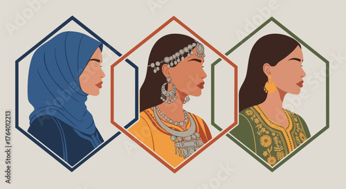 Diverse women in traditional clothing representing cultural heritage and beauty